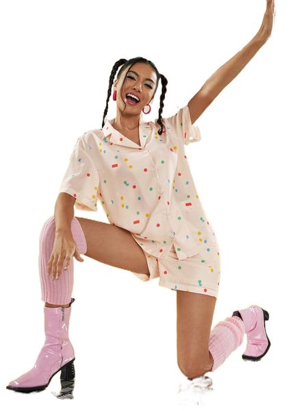 

x yellow mushmellow polka dot & geo print lapel neck blouse q5wm#, White