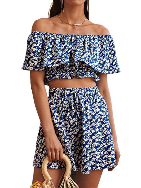 

off shoulder floral print ruffle & drawstring waist skirt 182k#, White