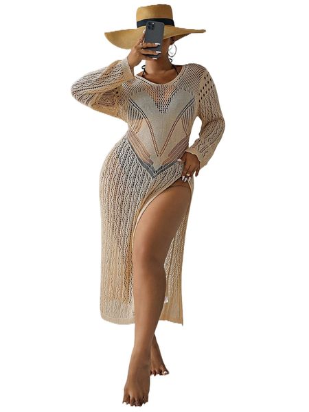 

plus hollow out slit thigh cover up dress without bikini set e5k5#, Black