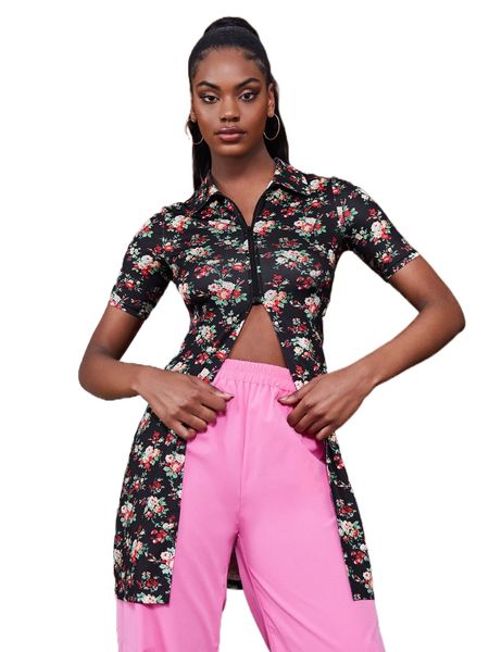 

random allover floral print slit front blouse x1ab#, White