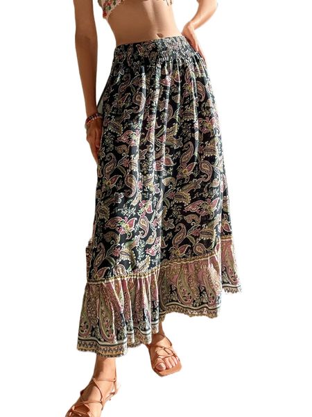 

paisley print shirred waist skirt j1rs#, Black