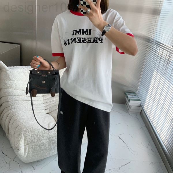 

women's t-shirt designer 22 spring and summer new minority color contrast design drill raglan sleeve letter short t-shirt loose casual, White