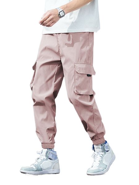 

men drawstring waist cargo pants 674u#, Black