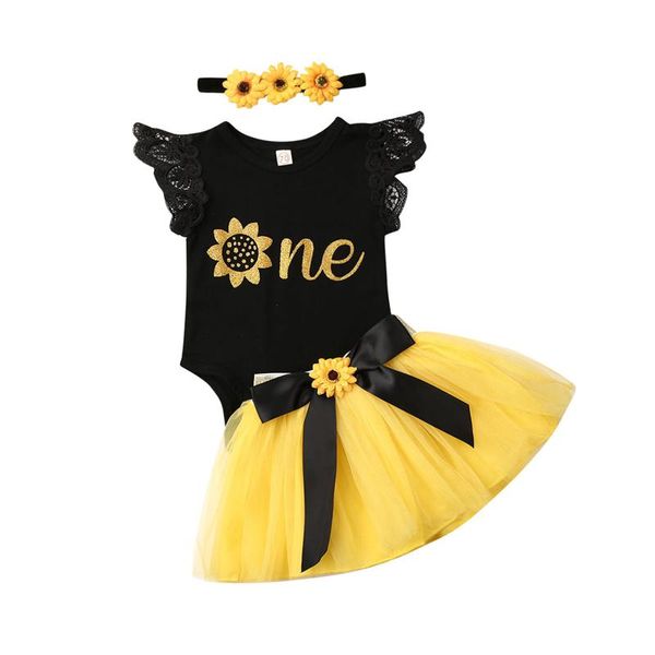 Kleidungssets Sommer Mädchen Kleidung Sonnenblumen Strampler Top Tutu Rock Stirnband Baby Kleinkind Mädchen Outfits Kinder Set 0-18MKleidung