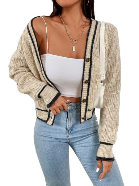 

striped trim button front cardigan z6xj#, White;black