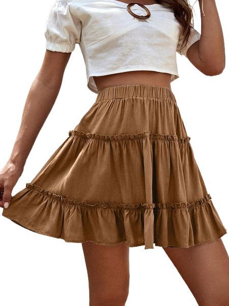 

high waist frill trim skirt z3hk#, Black
