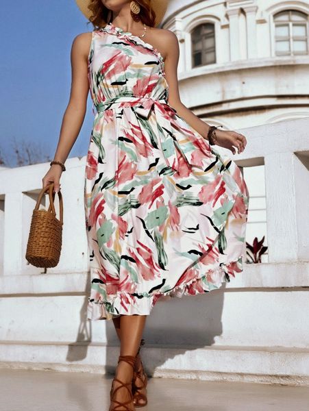 

allover print one shoulder frill trim ruffle hem belted dress v7l6#, Black;gray