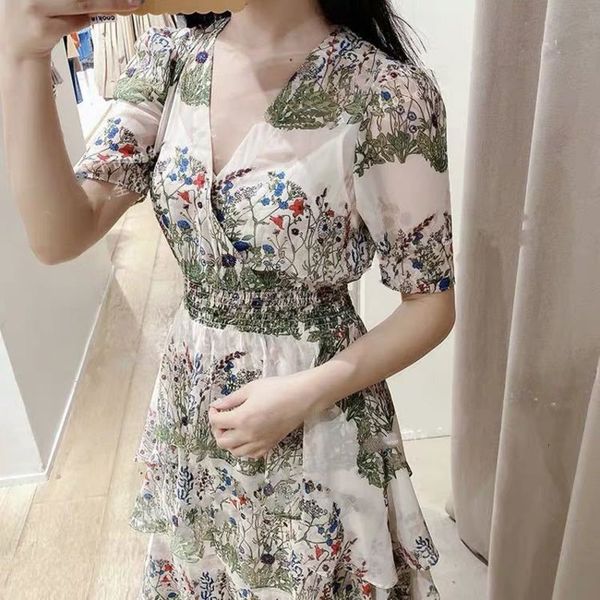 

casual dresses fadan  family spring and summer sweet v-neck printed laminated ruffle waist dress for women, Black;gray