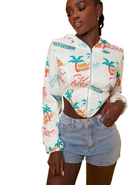 

newness letter & palm tree print hanky hem zipper crop hoodie j7tu#, Black