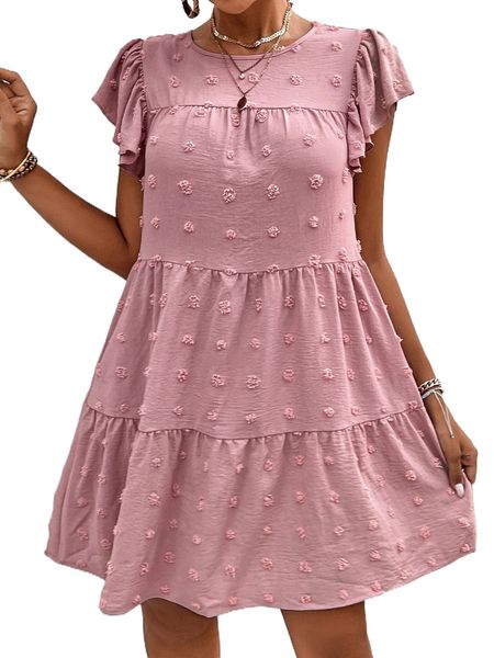 

swiss dot butterfly sleeve ruffle hem smock dress v4ck#, Black;gray