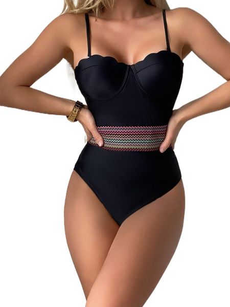 

stitch detail scallop trim push up one piece swimsuit n8cc#, White;black