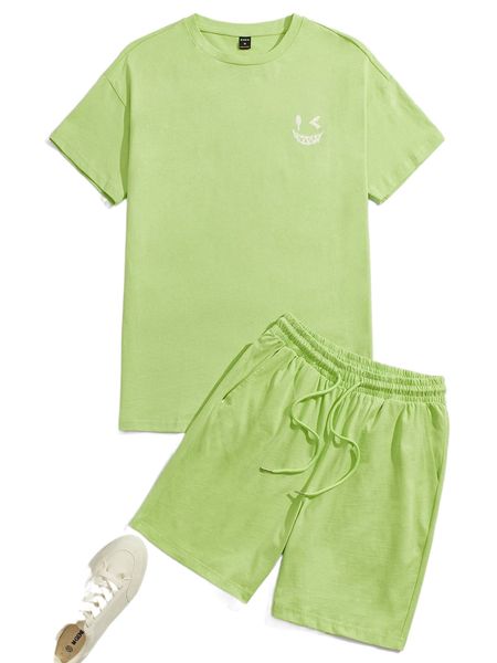 

1pc cartoon graphic drop shoulder tee & 1pc shorts a6jm#, Gray