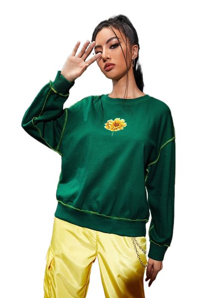 

x sn drop shoulder contrast stitch floral print pullover r9k9#, Black