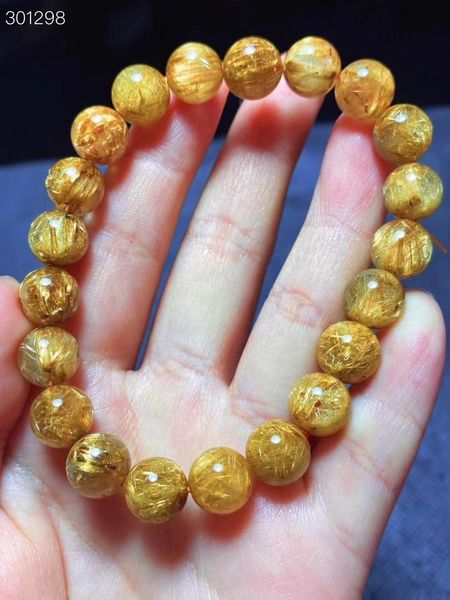 

natural gold rutilated quartz crystal bracelet 9.4mm woman men clear round beads jewelry brazil genuine aaaaaa, Silver