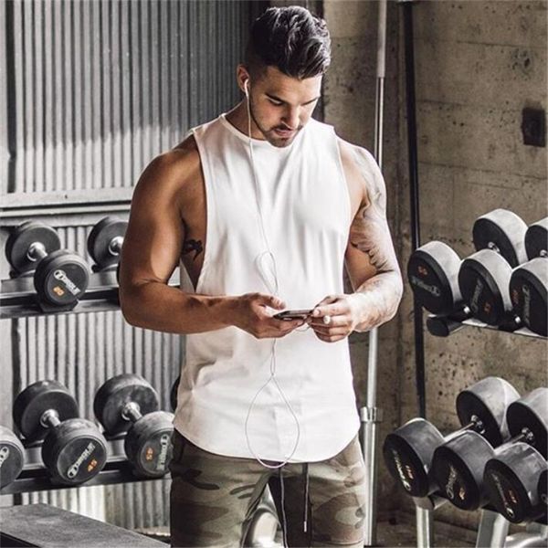 

gym stringer clothing bodybuilding tank men fitness singlet sleeveless shirt solid cotton muscle vest undershirt 220614, White;black