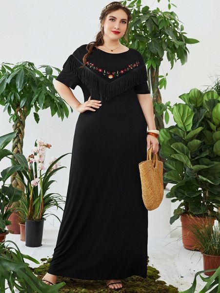 

plus floral embroidered fringe trim tee dress n0id#, Black