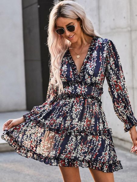 

ditsy floral print backless frill trim a-line dress a0im#, Black;gray