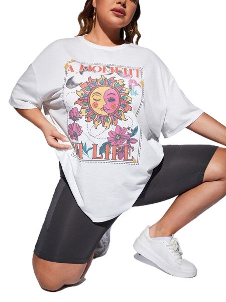 

plus sun & letter graphic drop shoulder tee 30ck#, Black