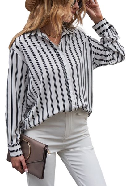 

striped button front shirt b9zz#, White