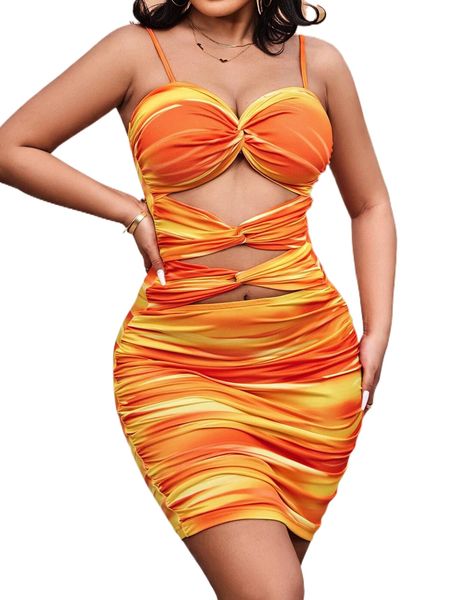 

tie dye ruched cut out bodycon cami dress l9od#, Black;gray