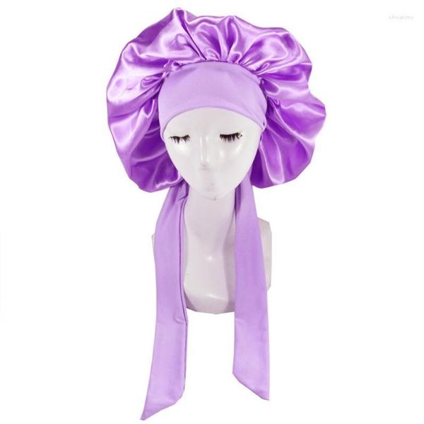Gorro/caveira tampas de cetim feminino com laços de cabelo de cabelo comprido para cabelos longos Night Sleep Hat Hat Hat Silky Cabeça Capinha de chuveiro M68a Oliv22