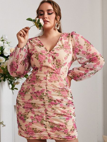 

sbetro plus floral print ruched mesh dress b1kb#, Black