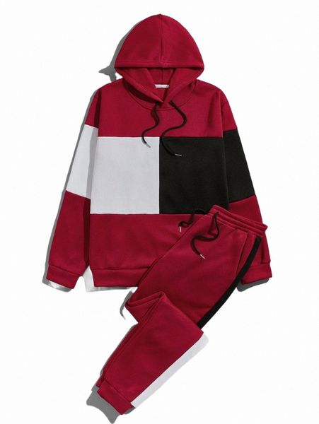 

men color-block drawstring thermal hoodie & sweatpants 94xe#, Gray