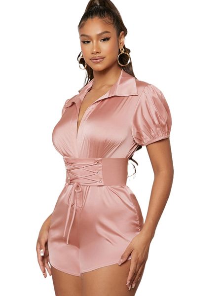 

lace up corset waist puff sleeve satin shirt romper x9c5#, Black;white