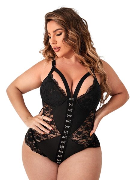 

plus mesh contrast lace cut out teddy bodysuit without liner r6dp#, Black;white