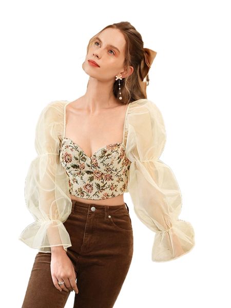 

mod floral print flounce sleeve crop blouse t9pj#, White