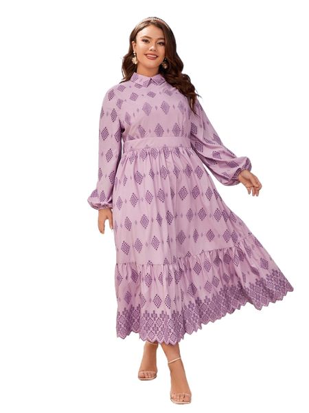 

plus argyle print lantern sleeve ruffle hem dress c1p7#, Black