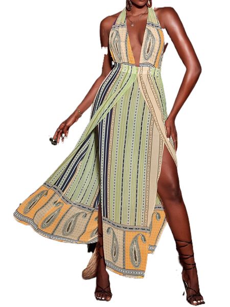 

paisley print halter backless wrap hem chiffon dress 84ia#, Black;gray