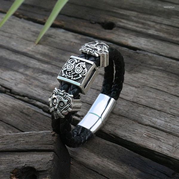 Pulseiras de charme viking eslavo pulseira de chão de cheiro preto em couro preto manguito de aço inoxidável fecho magnético