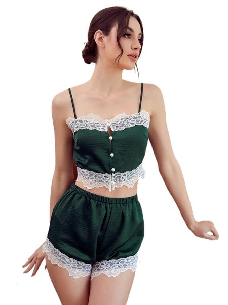

lace trim cami & shorts pajama set h0ik#, Black;red