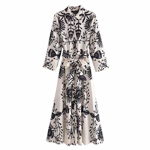 Casual Kleider Frauen Gedruckt Hemd Kleid Mit Gürtel Lange Ärmel Chic Dame Mode Button-up Midi Frau Robe