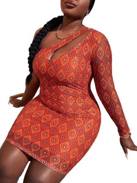 

sxy plus damask print one shoulder cut out bodycon dress r1zg#, Black