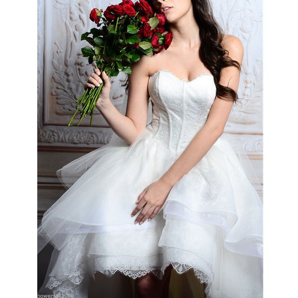 

setwell hi-lo strapless a-line wedding dress sleeveless backless puffy tulle skirt ruffles bridal gown, White