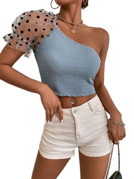 

contrast polka dot mesh one shoulder lettuce trim textured z6we#, White