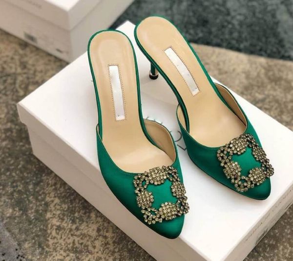 

fashion summer white hangisimu mules sandals green shoes women jewel crystal buckle embellished pumps party wedding dress lady elegant high, Black