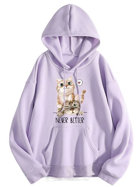 

cat & slogan graphic kangaroo pocket drawstring thermal hoodie m9v7#, Black
