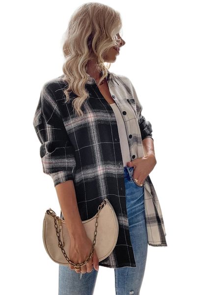 

plaid colorblock drop shoulder patched pocket blouse k5hi#, White