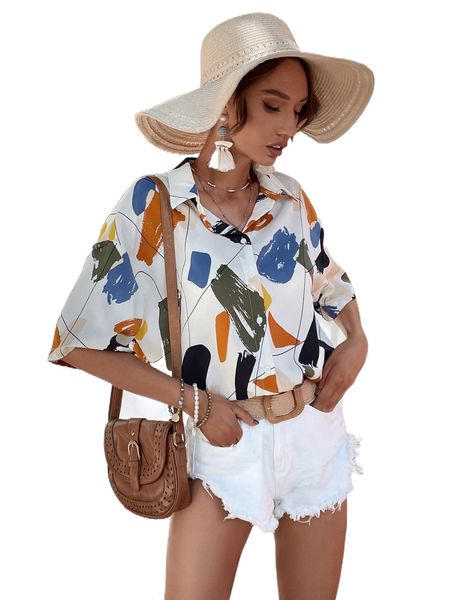 

brush stroke print drop shoulder blouse u7sz#, White