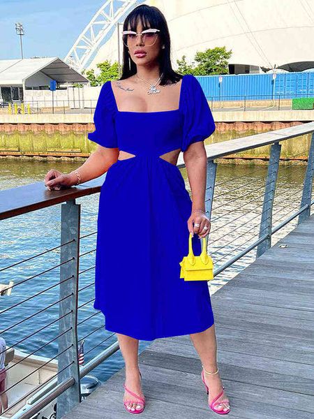 

chic and elegant women birthday club dresses summer outfits square collar puff sleeve waist band cut out robe red black blue, White