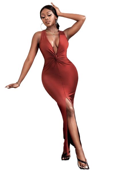 

sxy plunging neck twist front slit thigh bodycon dress e9fp#, Black;gray