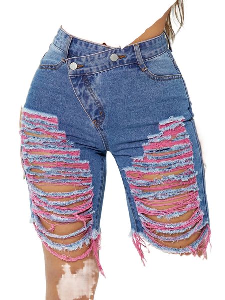 

sxy colorblock ripped raw hem denim shorts l1js#, White;black