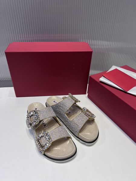 

ladies classic double rhinestone buckle slippers square buckle shiny silver genuine leather solid color multicolor pvc film sandals, Black