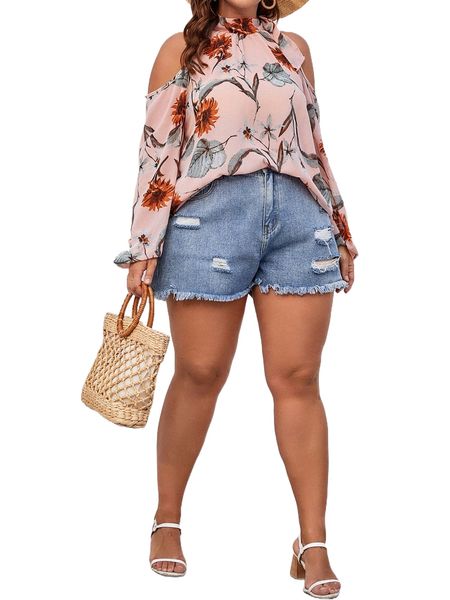 

plus floral print knot side cold shoulder chiffon blouse x3rs#, Black