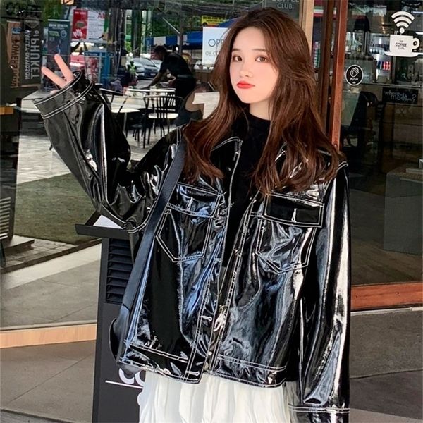 

lautaro spring soft patent leather jacket women long sleeve fall clothes for women plus size reflective faux leather shirt women 201224, Black