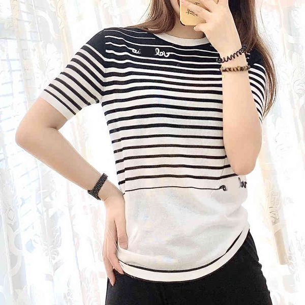 

women's polos tiansi stripe short sleeve letter embroidery star net red same summer black and white women's blouse sweater drtc