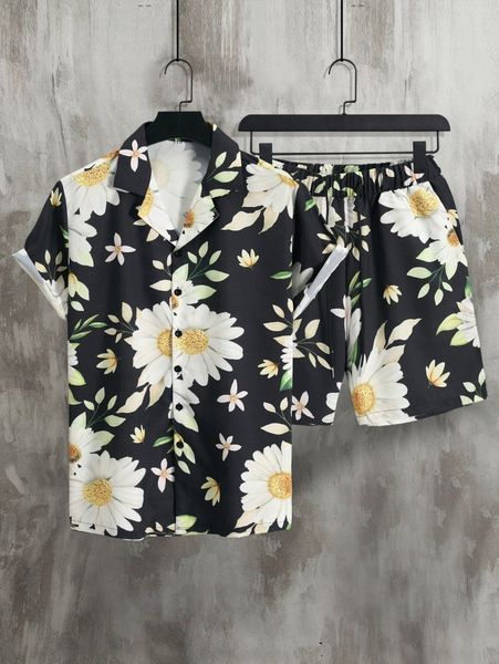 

men floral print shirt & drawstring waist shorts z2ex#, Gray